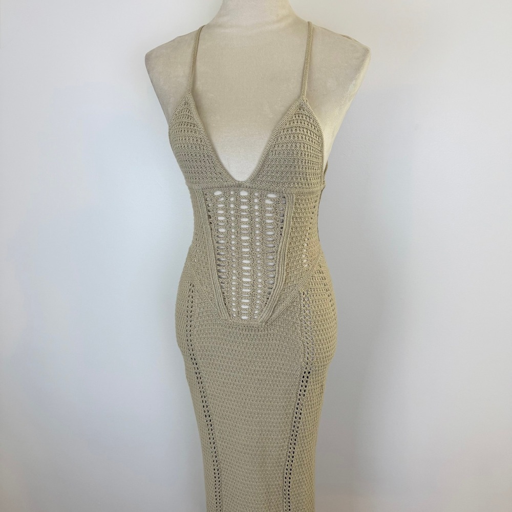 Babyboo Xanthe Tan Crochet Maxi Dress Lace Up Back V-Neck Corset Boning Boho XS